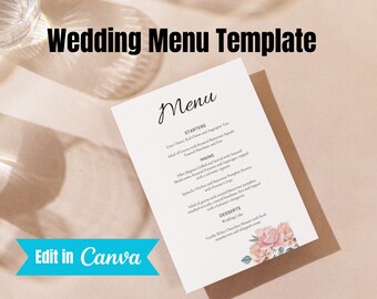 May include: A wedding menu template with a pink floral design. The menu includes starters, mains, and desserts. The text on the menu reads "Wedding Menu Template", "Menu", "Starters", "Give Cheese, Red Onion and Arugula Tart", "Salad of Greens with Roasted Butternut Squash, Toasted Hazelnuts and Pear", "Mains", "Filet Mignon Grilled and Served with Mushrooms, Roasted Potatoes and Asparagus, topped with a red wine vinaigrette", "Spinach, Chicken and Butternut Pumpkin", "Salad of greens with roasted butternut pumpkin, toasted walnuts, bacon bits, feta and apple with a balsamic vinaigrette", "Desserts", "Wedding Cake", "Vanilla White Chocolate Mousse with fresh strawberries and whipped cream".