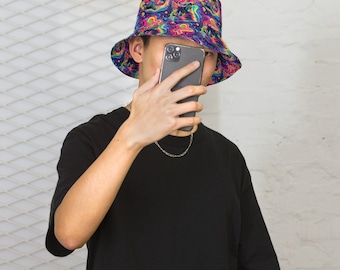 Trippy Cat Hat Psychedelic Reversible Bucket Hat Rave Hat Trippy Music Festival Accessories Mens Rave Outfit Rave Bucket Hat