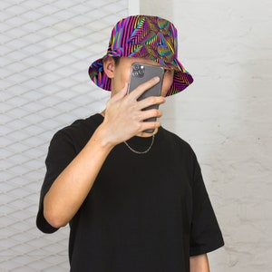 Trippy Psychedelic Reversible Bucket Hat Rave Hat Trippy Music Festival Accessories Mens Rave Outfit Rave Bucket Hat