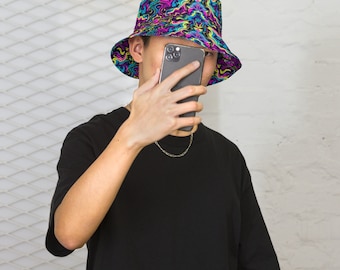 Trippy Psychedelic Reversible Bucket Hat Rave Hat Trippy Music Festival Accessories Mens Rave Outfit Rave Bucket Hat