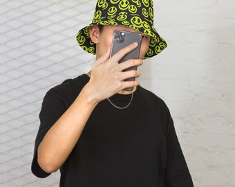 Smiley Face Bucket Hat Reversible Festival Bucket Hat Rave Wear Men Festival outfit men Black and Yellow Happy Face Bucket Hat