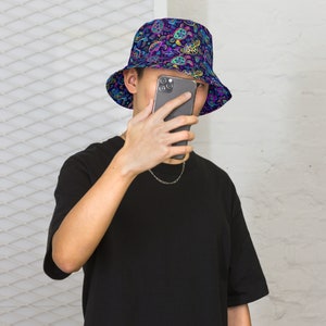 Trippy Turtle Psychedelic Reversible Bucket Hat Rave Hat Trippy Music Festival Accessories Mens Rave Outfit Rave Bucket Hat