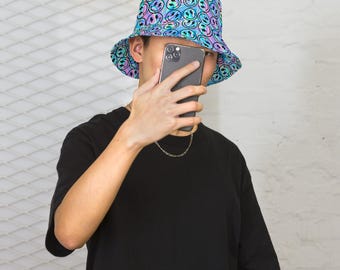 Psychedelic Lightning Smiley Face Bucket Hat Trippy Happy Face Bucket Hat Festival Bucket Hat Festival Outfit