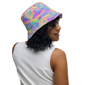 Trippy Iridescent Reversible Bucket Hat Psychedelic Rave Bucket Hat Festival Clothing Rave Accessories Bachelor Party Bucket Hat
