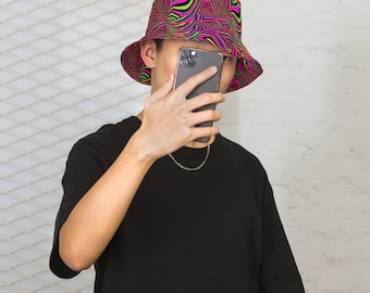 Trippy Psychedelic Optical Illusion Reversible Bucket Hat Rave Hat Festival Accessories clothing Rave Accessories Rave Bucket Hat