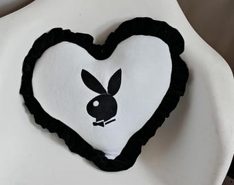 Handmade pillow embroidery Playboy Banny, scalloped pillow pleated, cushion heart pillow, cute stuffed animal, bunny plush