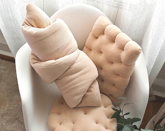 Cookie Pillow: Cotton Velour Biscuit Shape Throw Cushion