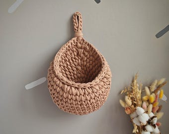 Cesta colgante de punto de algodón, organizador rústico hecho a mano para el hogar, cesta colgante de pared para almacenamiento de cocina, organizador de ropa sucia