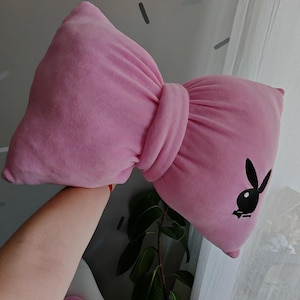 bow pillow with Playboy bunny embroidery,pink pillow, Gift for boyfriend, Valentine day romantic gift,Decorative Pillow