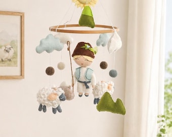 Giostrina per culla di lusso in feltro, decorazione neutra per la cameretta, giostrina per culla fatta a mano con pecorelle, giostrina Montessori, regalo per baby shower, cameretta morbida e naturale