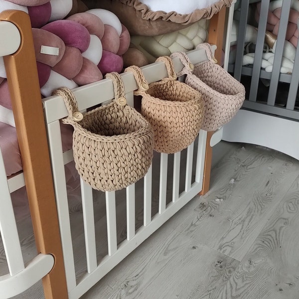 Baby Crib hanging storage Basket,  Gift for mom, bag organizer, crochet hanging basket for Baby cribs, pocket organizer Toy bag Diaper caddy