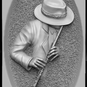 May include: A black and white 3D relief sculpture of a person wearing a hat and playing a flute.