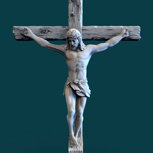 May include: A white, detailed sculpture of Jesus Christ on a wooden cross. The sculpture is against a teal background.