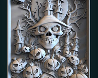 May include: A 3D printed Halloween-themed wall decor featuring a skull with a witch's hat, surrounded by pumpkins and spooky houses. The skull has a detailed design with a menacing expression. The pumpkins are carved with scary faces and the houses are tall and slender with pointed roofs.