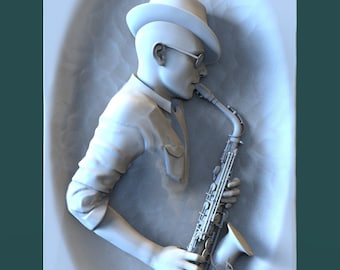 Puede incluir: Escultura en relieve 3D de un músico tocando el saxofón. La figura lleva un sombrero fedora, gafas y una camisa abotonada. El saxofón está detallado con llaves y campana. La escultura es en tonos blancos y grises, sobre un fondo turquesa.