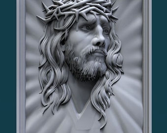 Puede incluir: Una escultura en relieve 3D de un hombre con el pelo largo y una corona de espinas. La escultura está en un marco blanco y tiene un fondo texturizado.