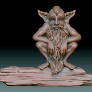 May include: A brown sculpture of a gnome-like figure with large ears, a long beard, and a furrowed brow, squatting on a textured, log-shaped base. The figure is detailed with visible muscles and fine hair.