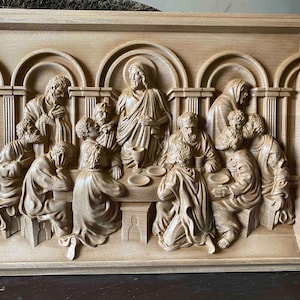 La Última Cena Tallada en Madera, Icono Religioso de Madera de Haya