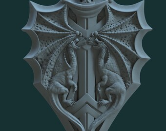 Può includere: Un design grigio di spada e scudo a tema fantasy. Lo scudo presenta due draghi che si fronteggiano, con ali e una superficie strutturata. L'elsa della spada è finemente dettagliata.