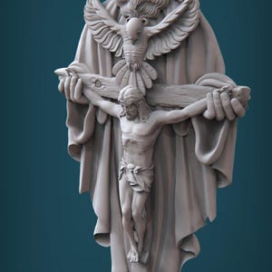 May include: A white plaster sculpture of Jesus Christ on the cross, with a dove and God the Father in the background.