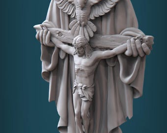 May include: A white plaster sculpture of Jesus Christ on the cross, with a dove and God the Father in the background.