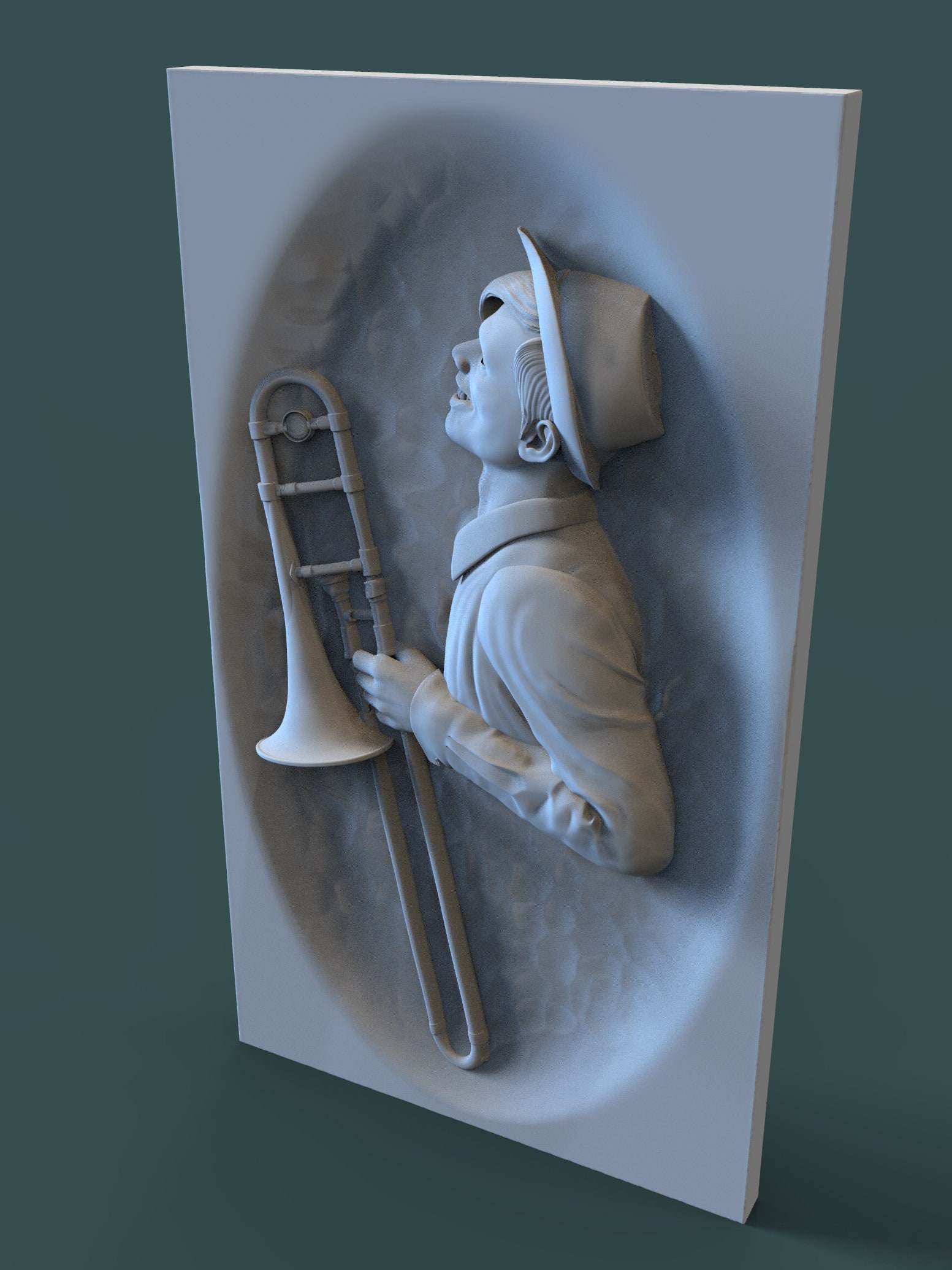 トロンボーン ミュージシャン アートオブジェ ジャズ。ミュージシャン。トロンボーン奏者。CNC および 3D プリンター