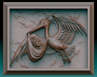 Stork with a baby. 3D model stl for CNC machines and 3D printers.