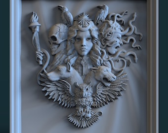 Dreigesichtige Göttin Hekate. 3D STL Modell zum Fräsen und Drucken