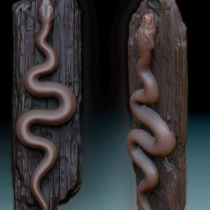 May include: Two brown sculptures of snakes coiled on wooden plaques. The snakes are in a sinuous pose, with detailed scales and heads. The wooden plaques have a rough, textured surface and a hole at the top.