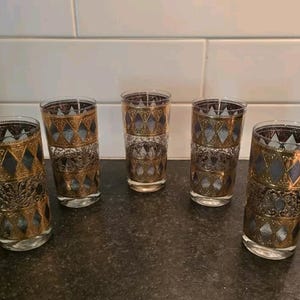 Vintage west virginia glass company ranier gold diamond tall glass tumblers set of 5