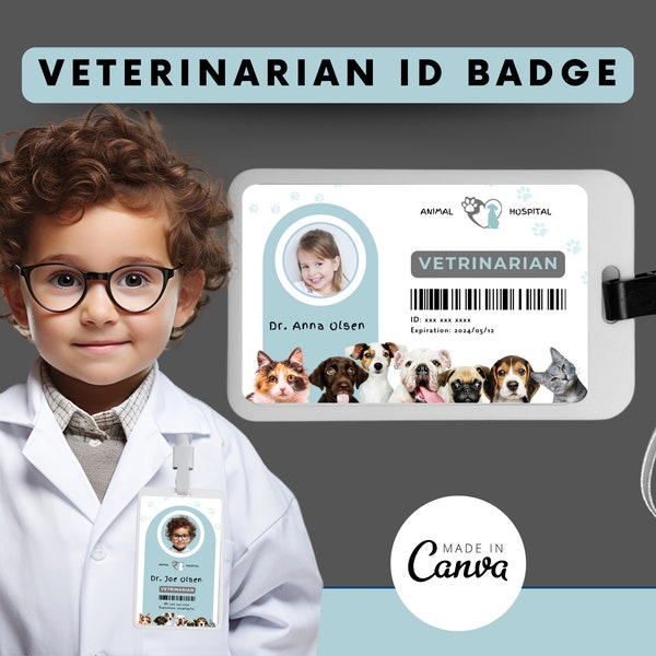 Customizable Vet Name Badge - Veterinarian ID Card for Kids Pretend Play & Dress Up