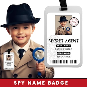 Badge nominatif imprimable d'espion d'identification d'agent secret | Jeu de simulation de détective