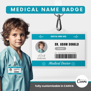 Naambadge kinderarts, fantasiespel ID-kaart afdrukbaar, naambadge verpleegkundige, digitale download