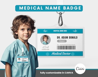 Badge con nome medico per bambini, finta carta d&#39;identità stampabile, badge con nome infermiere, download digitale