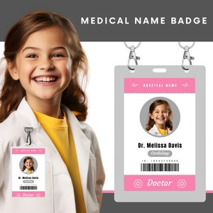 Identificação da equipe médica infantil, crachá de faz-de-conta, cartão de identificação para brincar de fingir para impressão, crachá de enfermeira em treinamento, download digital