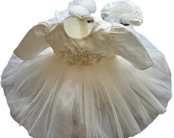 Baby Taufkleid+Turban+Stirnband Taufoutfit Partykleid 3-tlg ivory 3-6 Monate Gre.62 68