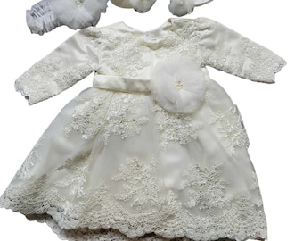 Robe de baptême bébé dentelle tenue de baptême fille robe de soirée ensemble d'anniversaire 3 pièces ivoire 6-9 mois taille 74