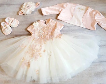 Robe de baptême bébé taille 74 6-9 mois robe bébé dentelle tulle bandeau chaussures boléro tenue de baptême 4 pièces rose