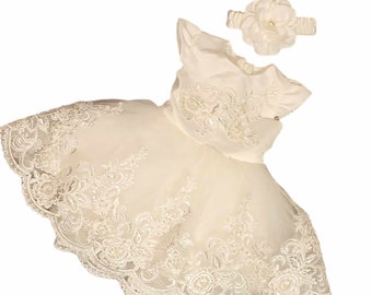 Baby Christening Dress Headband Baby Dress Christening Christening Outfit Party Dress 2pcs Size 74 6-9 Months Ivory Lace