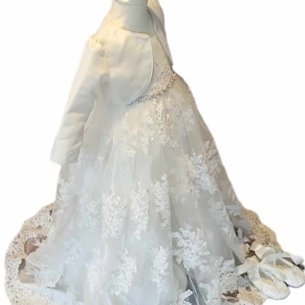 Baby christening dress size 74 lace long headband bolero shoes christening outfit 4pcs ivory