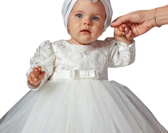 Baby christening dress+turban+headband christening outfit party dress 3-piece ivory 6-9 months size 74 ivory lace