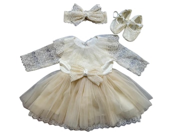 Baby doopjurk doopoutfit meisjes feestjurk verjaardagsset 3-delig crème goud 6-9 M maat 74