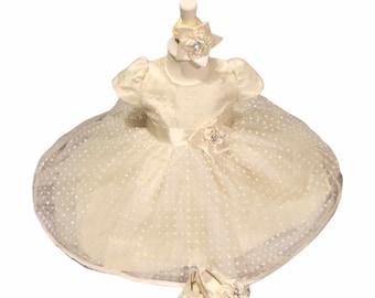 Baby christening dress+shoes+headband christening outfit party dress beige gold 62 68 3-6 months ivory lace