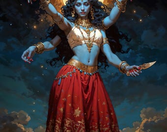 Bailarina del Tiempo y la Quietud, Ilustración de Fantasía de la Diosa Kali, Descarga Instantánea para Decoración del Hogar