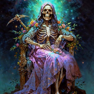 Santa Muerte 7 Potencias, donkere fantasie illustratie, afdrukbare woondecoratie instant download