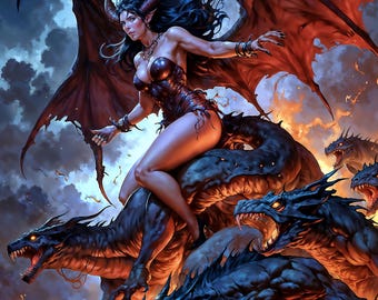 May include: Digital fantasy art depicting a woman with dark hair and horns riding a dragon. The woman wears a dark red outfit and has large wings. Several other dragons are in the background, with a fiery sky.