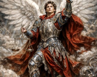 May include: A digital illustration of an angel in ornate armor, holding a sword aloft and scales. The angel has large white wings and a red cloak. A cross and beams of light are in the background.