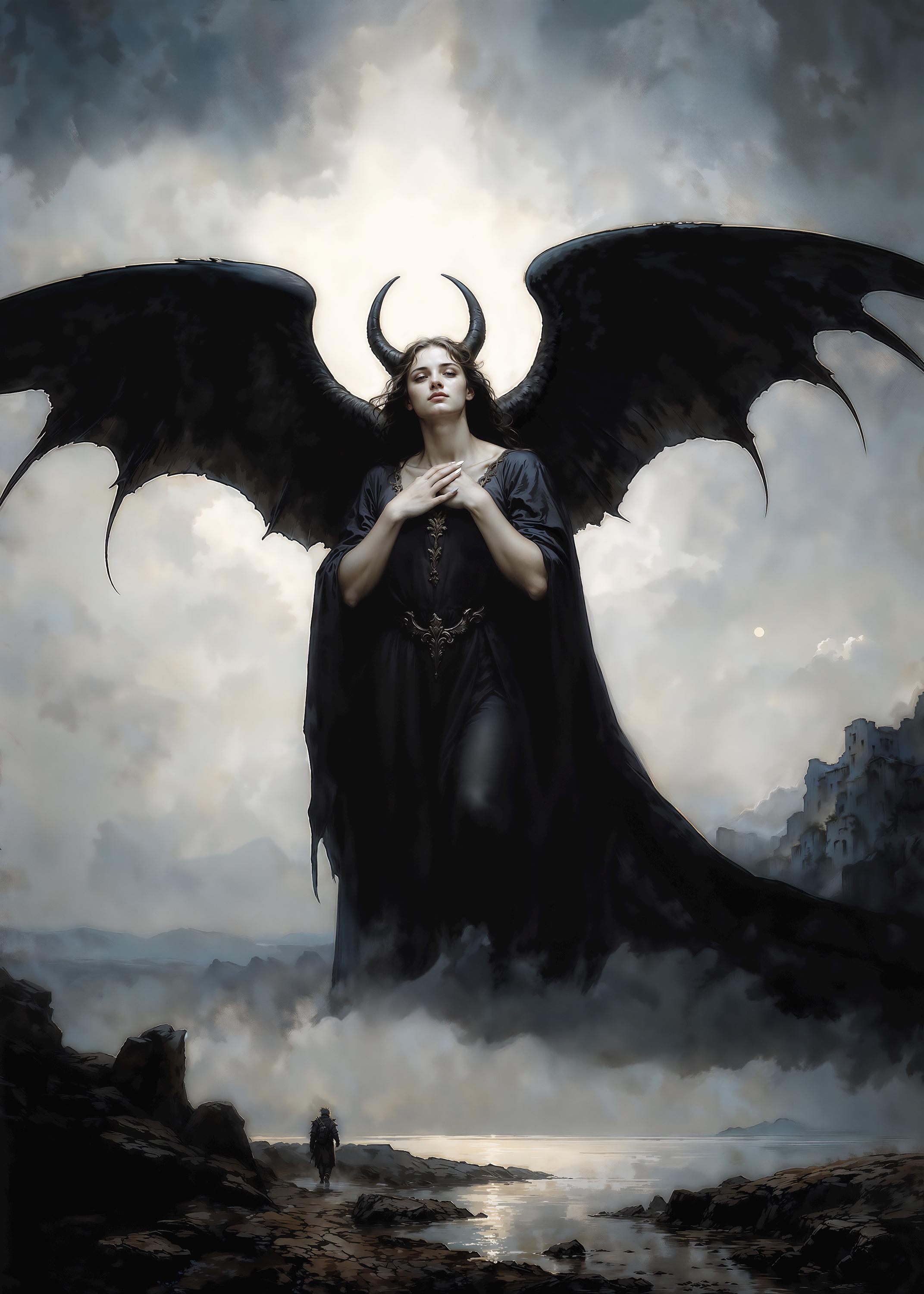The Fallen Radiance of Lilith, Dark Fantasy Illustration, Instant