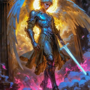 Zwaard van de hemel aartsengel Michaël, fantasie illustratie, instant download afdrukbare woondecoratie