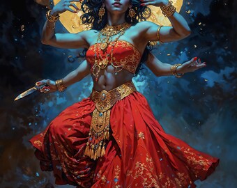 Danza de la Diosa Kali, Ilustración de Fantasía Oscura, Decoración para el Hogar Imprimible de Descarga Instantánea